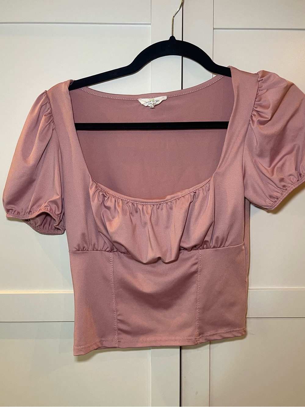 Puff Sleeve Square-Neck Crop Top in Dusty Rose